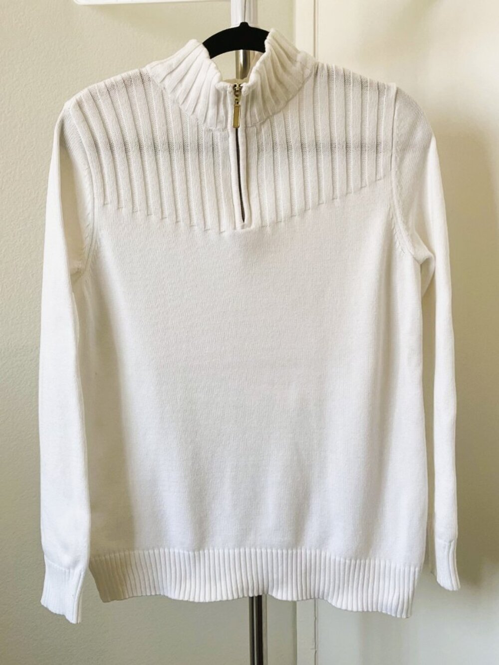 Karen Scott Women's White Zip Mock Neck Ribbed Yoke Sweater Size M 100% Cotton